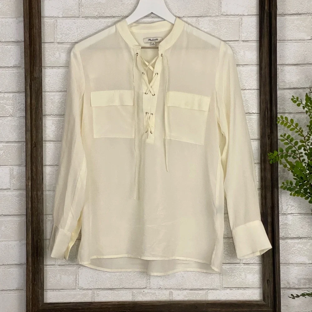 Madewell Silk Lace Up Blouse in Ivory Off-White - Picture 6 of 16